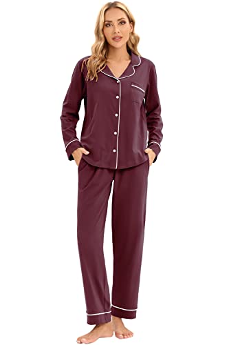 Image of LUBOT 100% Cotton Pajamas for Women PJ Set Soft Long Sleeve Button-Down Shirt 2 PC Set Warm Sleepwear Loungewear Night Suit (Burgundy, 2XL)
