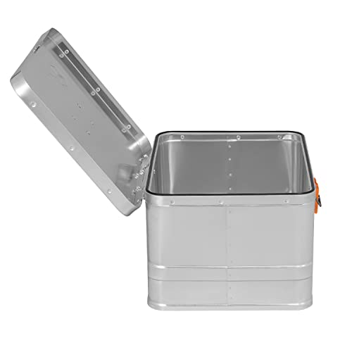 Alubox Werkzeugkiste EASY 29 Liter silber glänzend - orangne Schnallen - Griff oben - Außenmaße L 43,5 x B 35,5 x H 25 cm