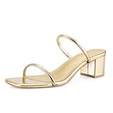 Shoe'N Tale Strappy Heels for Women Square Open Toe Two Strap Low Block Heel Slip on Dressy Sandals Shoes(10,Gold)