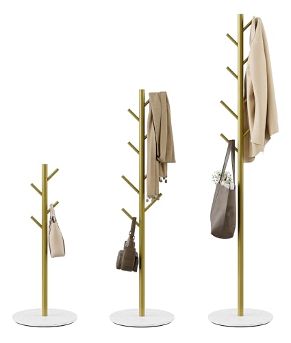 Tujurich Coat Rack with 8 Hooks 3 Adjustable Heights Modern Hall Tree Sturdy Metal Clothes Stand with Sintered Stone Base for Entryway Office Bedroom for Coats Hats Handbags and Scarves Gold