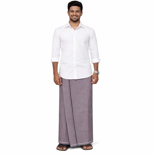 Image of Pure Cotton Dhoti for Men (1.28 x 1.87 m) | Solid Panchalu with Varied Small Color Border | Kerala Cotton Veshti, Khadi Dhoti | Lightweight Pooja & Temple Wear