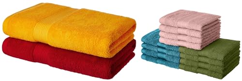 Image of Amazon Brand - Solimo Cotton 2 Piece Bath Towel Set, 500 GSM (Spanish Red and Sunshine Yellow) & Amazon Brand - 12 Piece Towel Set, 500 GSM (Turquoise Blue, Olive Green and Baby Pink)