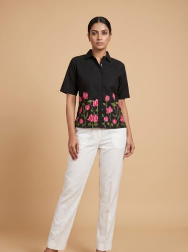 Image of Stylish Women's Embroidered Shirts | Geometric Pattern Half Sleeve Collared Button-Up Casual Shirt for Women