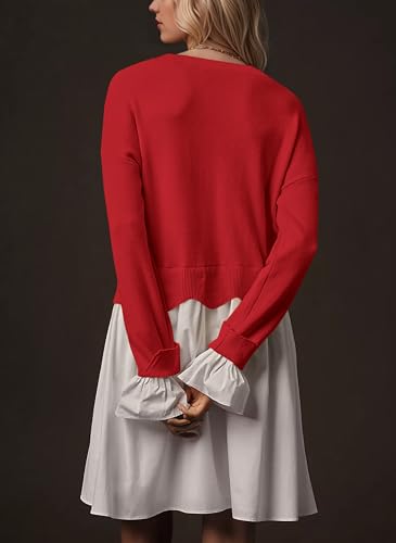 Women Long Sleeve Crewneck Sweater Patchwork Twofer Mini Dress2