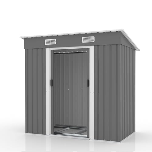 屋外物置 スチール 大容量 倉庫 収納庫 補強フレーム付き 換気口付き 引き戸タイプ 収納庫 室外物置 ベランダ 防水 ガーデン 庭 田畑 農場 屋外収納 (グレー)