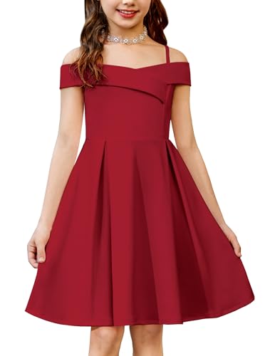 Arshiner Mädchen Kleid Schulterfrei Spaghettiträger Kinderkleid Ärmelloses Festliches Trägerkleid Sommer Partykleid Elegant Abendkleid für Mädchen 11-12 Jahre Dunkelrot