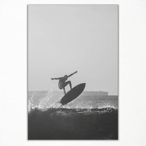 xbsifyiooa Beach Surf Up Canvas Wall Art, Black and White Surfboard Poster, Summer Beachy Surfing Print, Coastal Surfer Sports Riding The Waves Painting for Bedroom Living Room 12x16in Unframed