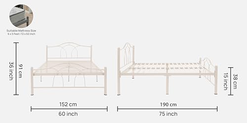 Image of Alto Metal Queen Size Bed Without Storage | Wrought Iron Double Bed with Headboard & Footboard | Sturdy Powder Coated Platform Bed Queen Size Cot for BedroomLivingRoom Ivory (75x60)