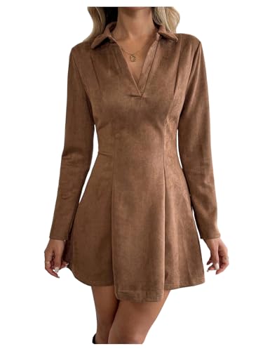 winkbay Womens Long Sleeve Mini Faux Suede Dress Fall Elegant Casual Collared V Neck A Line Office Dresses Brown X-Large