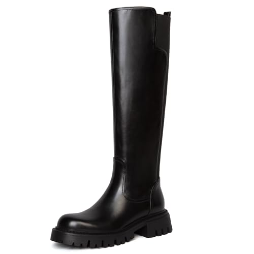 Platform Knee High Boots for Women Comfortable Stretch Round Toe Chunky Heel Tall Boots with Side Zip Dress Casual Long Riding Boots