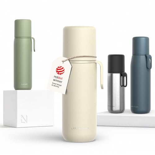 Image of LARS NYSOM Stainless Steel Thermo Water Bottle - Double Wall Insulated Water Bottle with Cup & Carry Strap, Leakproof Metal Bottle for Travel, Office & Outdoor (Almond Beige, 17oz)