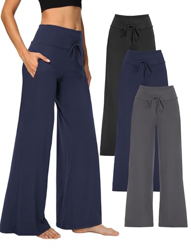 1/3 Pack Wide Leg Yoga Pants for Women, Comfy Lounge Pajama Sweatpants Loose Causal Palazzo with Pockets
