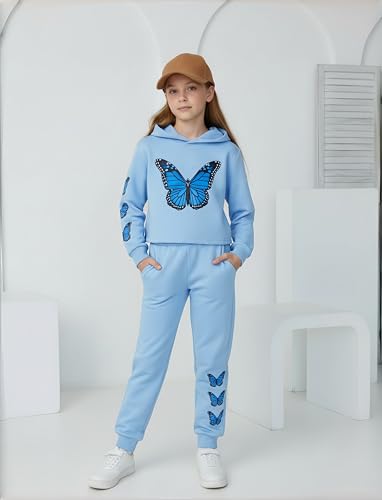 Image of PATPAT Girls Warm Sweatsuit 5-14Y Butterfly Print Hoodies and Sweatpants Clothing Set Tracksuit Fall Outfits Cute Clothes