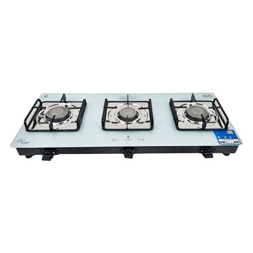 Image of Thermador Gas Stove 3 Burners with Battery Less Auto Ignition | Gas Saver Tornado Burner 3 Burner Gas Stove | Premium White Glass | ISI Certified | 1 Yr Manufacturer Warranty