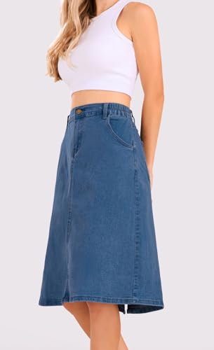 loveimgs Women Casual Mid Long Jean Skirt Denim Midi Skirt with Pockets Western Elastic Waist Summer A Line Skirt3