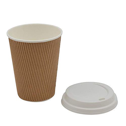 We Can Source It Ltd 100 x 8oz Ripple Brown Kraft Paper Cups - 3-PLY Disposable Insulated Coffee Cups with Secure White SIP Through Lids - Leak-Proof Durable Paper Cup for Tea, Coffee & Hot Beverages