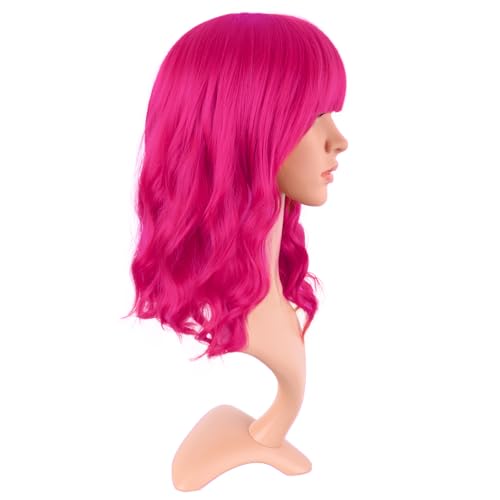 Image of MapofBeauty 14 Inch /35 cm Short Wavy Curly Women Fresh Bright Synthetic Ordinary Flat Bangs Bob Wig (Hot Pink)