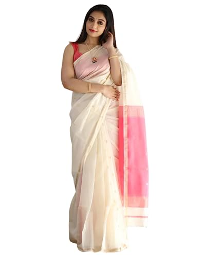 Image of SGF11 Women's Kanjivaram Soft Cotton Linen Silk Saree With Blouse Piece (White)