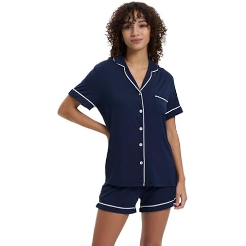 TOSMO Women's Pajamas Set Viscose from Bamboo Short Sleeve Sleepwear Button Down Loungewear Soft Cooling Pjs Navy M Cover