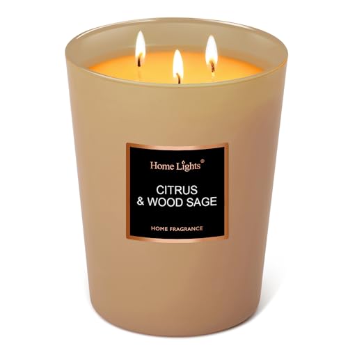 HomeLights Scented Candles, 33.3 oz Large Jar, Natural Soy Candles 3 Cotton Wicks, Smokeless Long Lasting, Aromatherapy Candle Gift for Women & Men (Citrus & Wood Sage)
