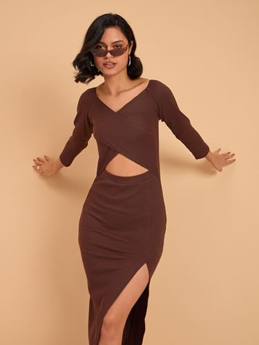 Image of barcino Black Rib Side Slit Wrap Neck Cut-Out Midi Dress