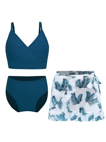 Alvivi Mädchen Badeanzug Bademode 3 Teilig Blumen Druck Bikini Set mit Rock Sommer Strand Schwimmanzug Badebekleidung B Marine Blau 146-152