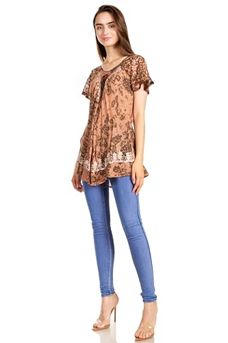 Image of Sakkas Ash Speckled Tiedye Embroidered Cap Sleeve Blouse Top with Embroidery Hems