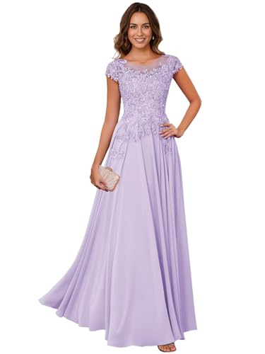 Image of Lace Applique Chiffon Mother of Bride Dresses - Short Sleeve Pleated Long Mother of The Groom Dress