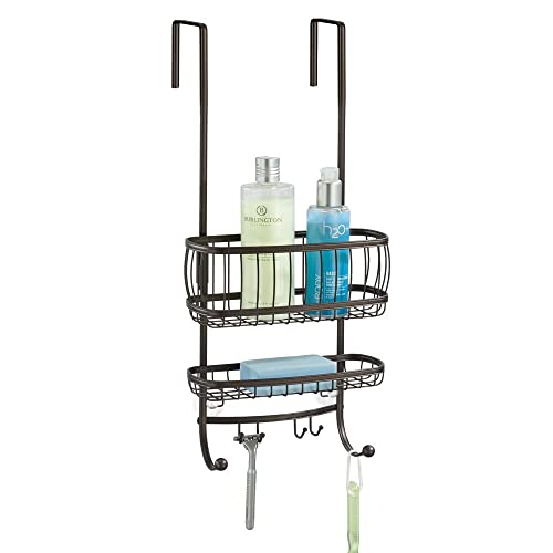 Mdesign Metal Wire Over Door Bathroom Tub & Shower Bath Caddy, Hanging Storage Organizer Center - Holds Shampoo, Conditioner, Body Wash, Razor, Towel - 2 Baskets, 6 Hooks - Hyde Collection - Bronze #TOP27
