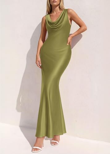 Image of KIRUNDO Womens Cowl Neck Sleeveless Bodycon Satin Maxi Dress | Formal Silk Long Dresses, Mermaid Hem, 2026 Summer Elegant Wedding Guest Cocktail Party Fall Outfits