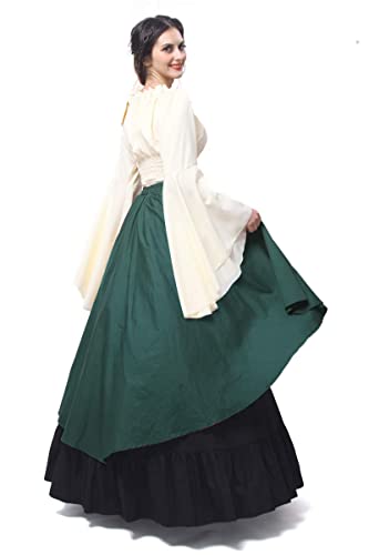 Fiamll Renaissance Kleid Damen Mittelalter Kleidung Damen Kostüme Fasching Kleid Set Grün+ Schwarz XXL(Top und Rock)