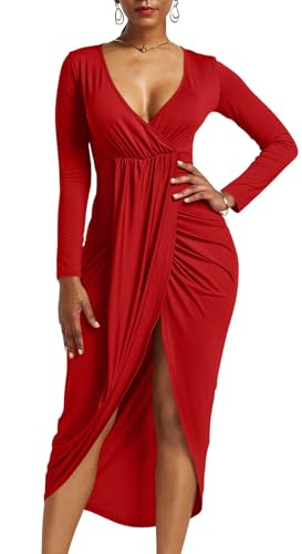 GOBLES Women's Sexy Long Sleeve V Neck Wrap Ruched Front Slit Midi Party Dress Red