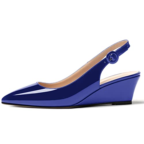 WAYDERNS Women's Pointed Toe Patent Slingback Buckle Wedge Low Heel Pumps Cute Evening Dress Shoes 2 Inch2