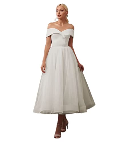 TRHTX Short Tulle Wedding Dresses for Bride Sweetheart Bridal Gowns for Women A-line Off Shoulder Wedding Gowns