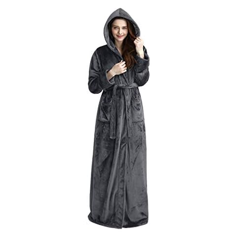 iCREAT Womens Long Hooded Bathrobe Fleece Full Length Bathrobe with Hood Winter Sleepwear Cover