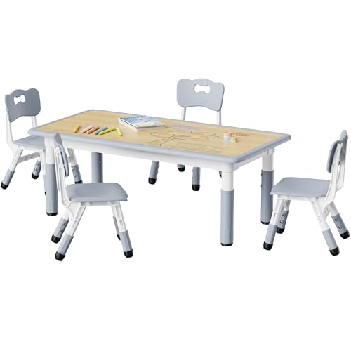 Brelley Kids Table and 4 Chairs Set, Height Adjustable Toddler Desk and Chair Set, Graffiti Desktop, Non-Slip Legs, Max 300lbs, Children Multi-Activity Table for Ages 2-8