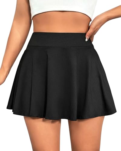 Women High Waist Flowy Basic Versatile Stretchy Flared Casual Pleated Mini Skirts with Lining Shorts (Black,M)