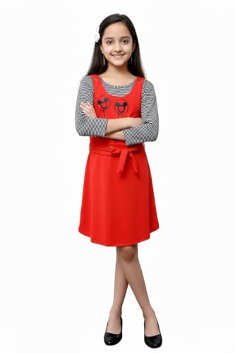 Image of FNOCKS Girls Pinafore Dress with Striped Inner Top & Bow Back Detail