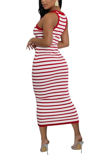 Women's Casual Ribbed Sleeveless Striped Slim Fit Bodycon Pencil Midi Tank Dress for Summer Red — view 2