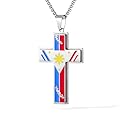 WULZST Colorful Stainless Steel Charm Cross Pendant Necklace for Men Women Philippine Flag Cold Enamel Religious Unisex Patriotic Accessory with Sunburst & Stars Multicolor​ Long Chain Necklac