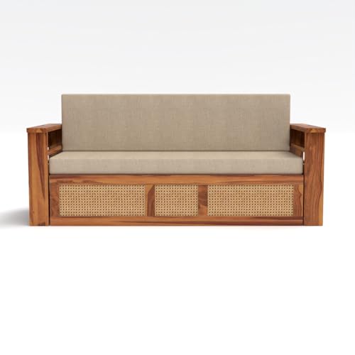 Image of Kunjal Furniture Solid Sheesham Wood Sofa Cum Bed with Storage for Living Room | Natural Finish | 3-Seater Convertible Sofa Bed | Handmade Wooden Furniture (Natural, Modern)
