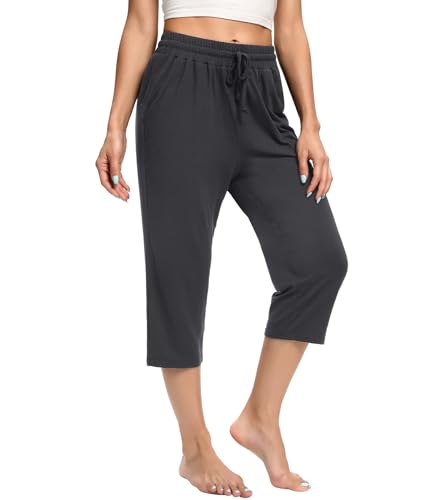 CULAYII Capris with Pocket for Women ，Lightweight Solid Soft Stretch Drawstring Waist Comfy Pants for Women Grey XL