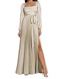 Caractéristiques : satin, manches longues, col carré, taille haute, lacets, plissé, forme trapèze, longueur au sol, fente latérale haute, plissé, dos ouvert, bretelles dans le dos, soutien-gorge intégré, entièrement doublé, grande taille.