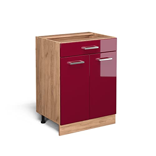 Vicco Küchenunterschrank R-Line, Rot Hochglanz, 60 cm mit Schublade, ohne Arbeitsplatte, zur freien Kombination innerhalb modularer Küchensysteme