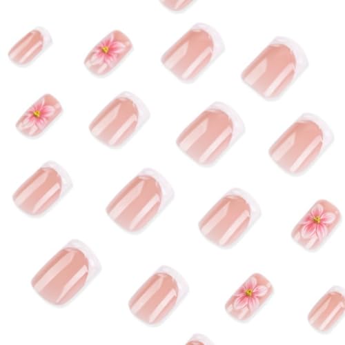 Image of 3D Pink Flower Press on Nails Short Square Fake Nails White French Tip Nail Press ons Floral Charms Glossy Full Cover Stick on Nail for Women Manicure 24Pcs