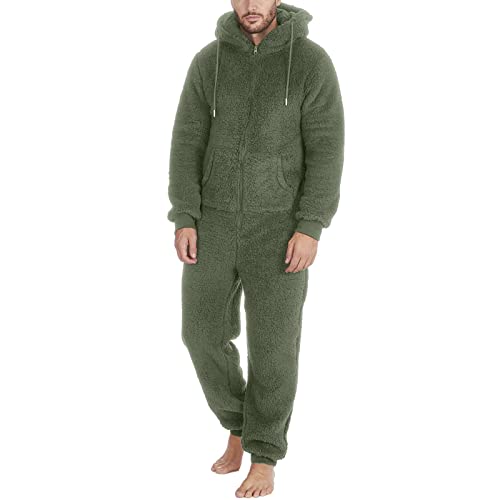 Generisch Mono para hombre acogedor de doble cara, pijama largo de felpa de invierno, cálido, suave, mono de pijama, con cremallera y bolsillos, forro polar, cómodo, una pieza, O Ejército Verde, S