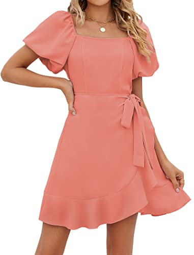 Image of Sampeel Womens Summer Dresses Square Neck Puff Sleeve Tie Waist Short Dress