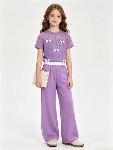 Image of Girls Clothes 2 Piece Short Sleeve Lace Bow Print Tops Flared Pants Set Little Girl Outfits Size 7-14