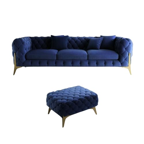 Image of Modern Classic L Shape Sectional Sofa Set, Chesterfield Style 4 Seater Sofa Set with Pillows for Living Room, Bedroom and Office and Hallway Colour (3+1+OTTO Blue FC)