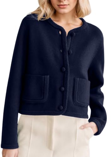Image of Ythomm Womens Cardigan Sweaters Long Sleeve Open Front Button Crochet Trim Knit Jacket Crewneck Fall Sweater Coat with Pocket Navy